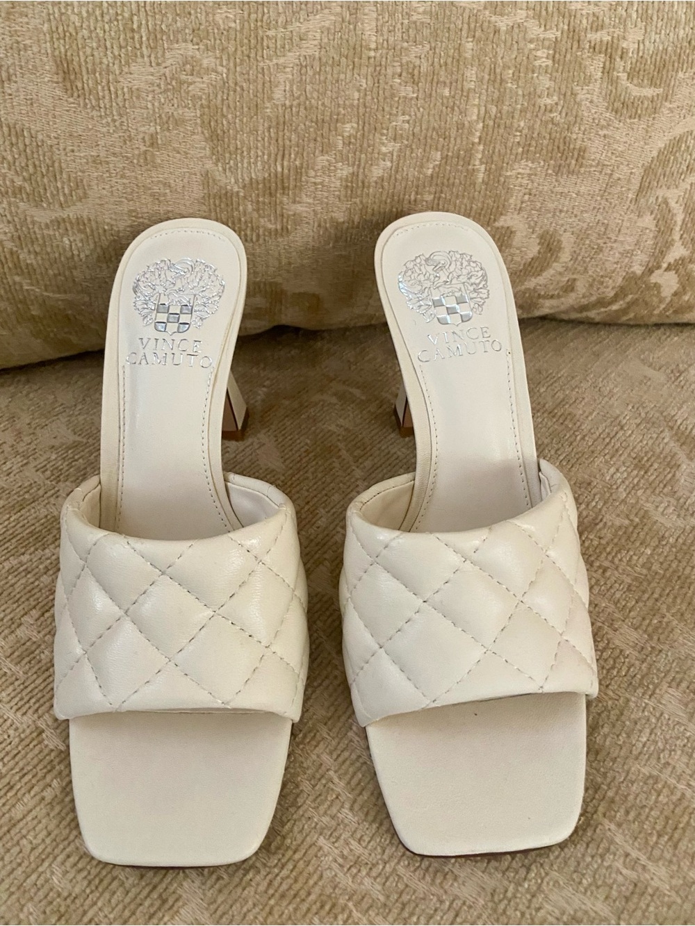 Vince Camuto White Quilted Leather Block Heel Sandals